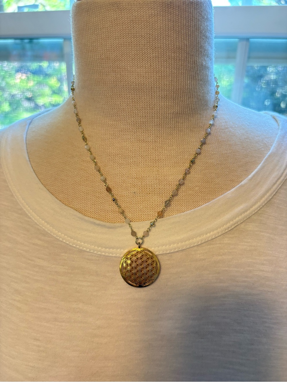 Gold Flower of Life Pendant Necklace with Peach Moonstone Beads - Women Jewelry